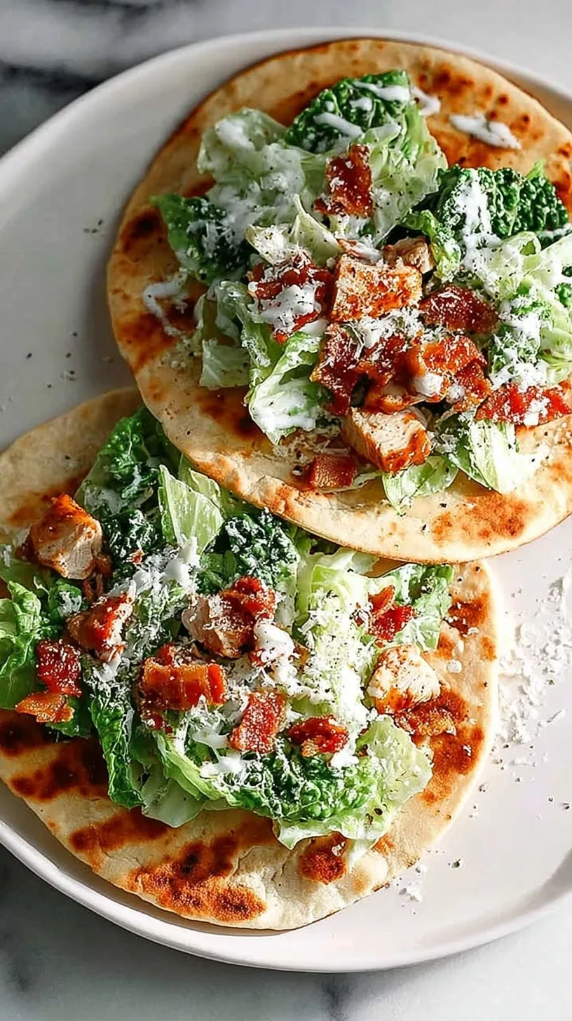 Crispy smashed chicken tacos topped with creamy Caesar salad and parmesan cheese