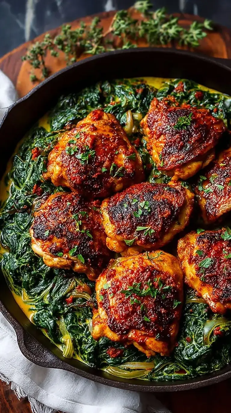 Golden pan-seared chicken thighs served over a bed of vibrant green creamed spinach