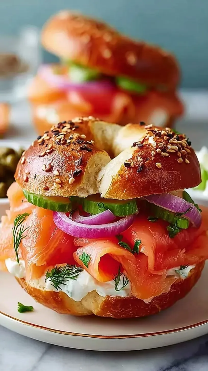A toasted bagel topped with cream cheese, smoked salmon, red onions, capers, and fresh dill on a clean white plate.