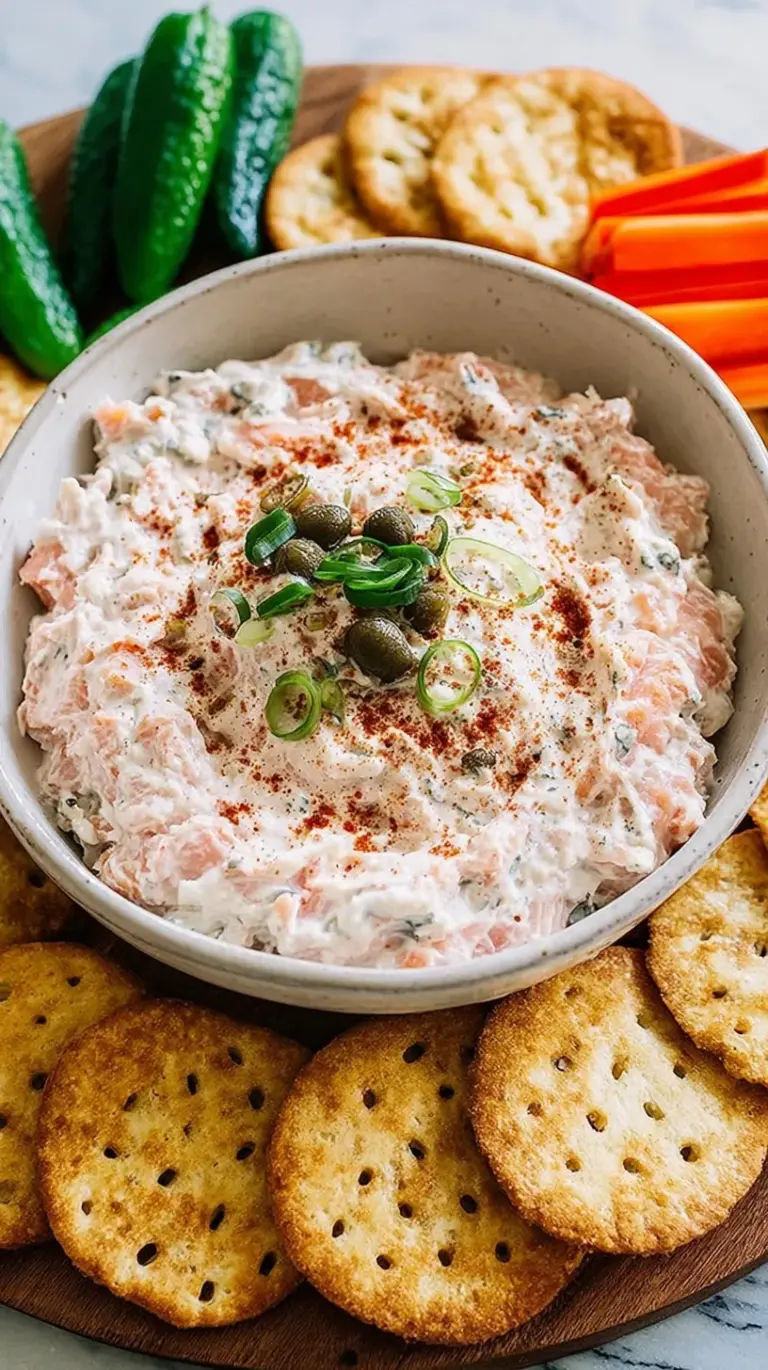 A bowl of creamy smoked salmon dip topped with fresh dill and capers, served with crackers on a wooden board.