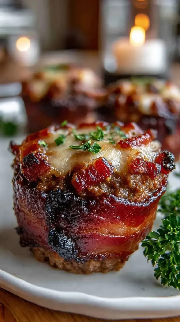 Individual meatloaf cupcakes wrapped in bacon with a glossy BBQ glaze in a muffin tin