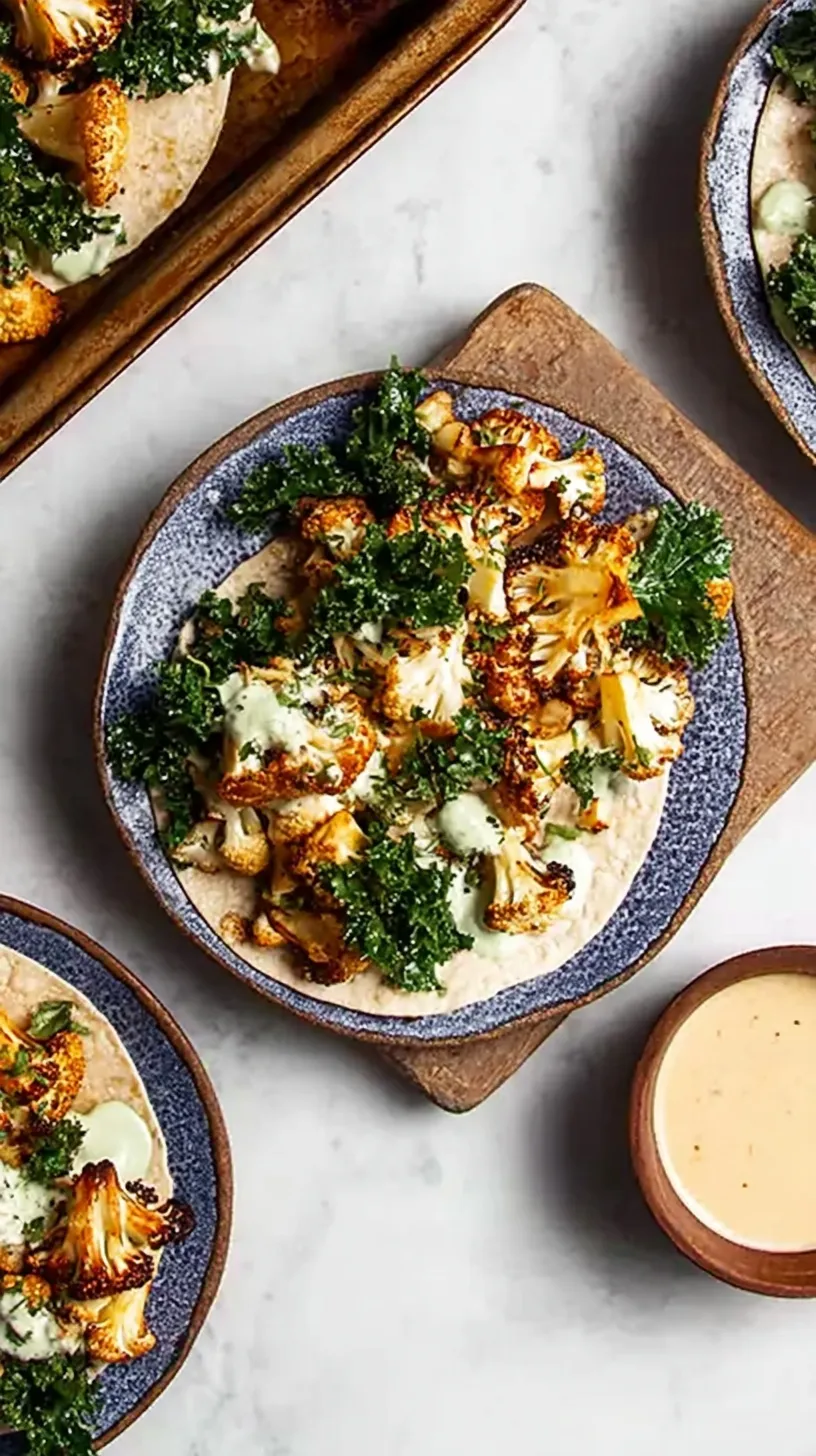 Roasted cauliflower wraps with creamy white cashew sauce and red onions.