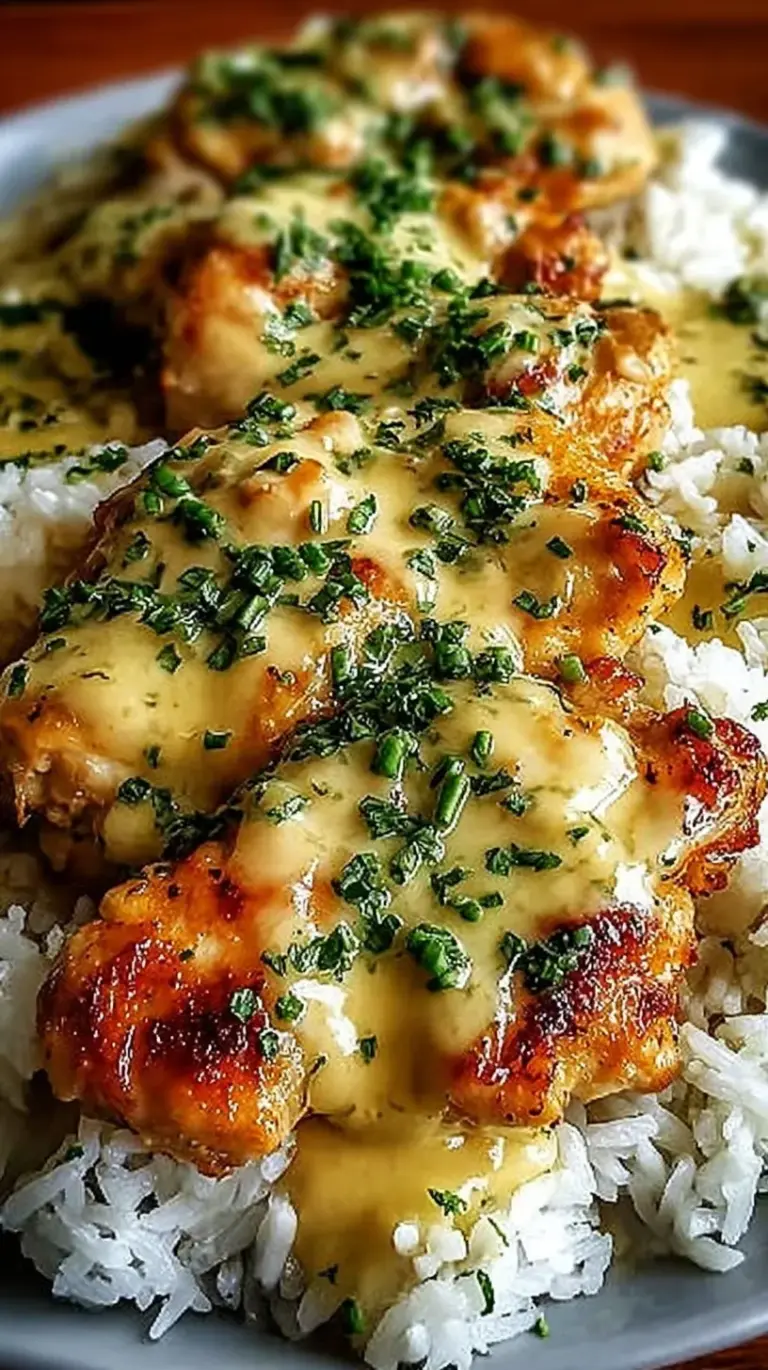 Golden pan-seared chicken thighs smothered in brown onion gravy served over white rice