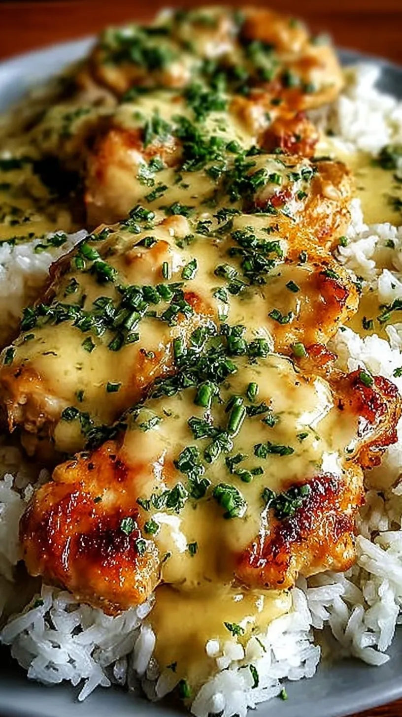 Golden pan-seared chicken thighs smothered in brown onion gravy served over white rice