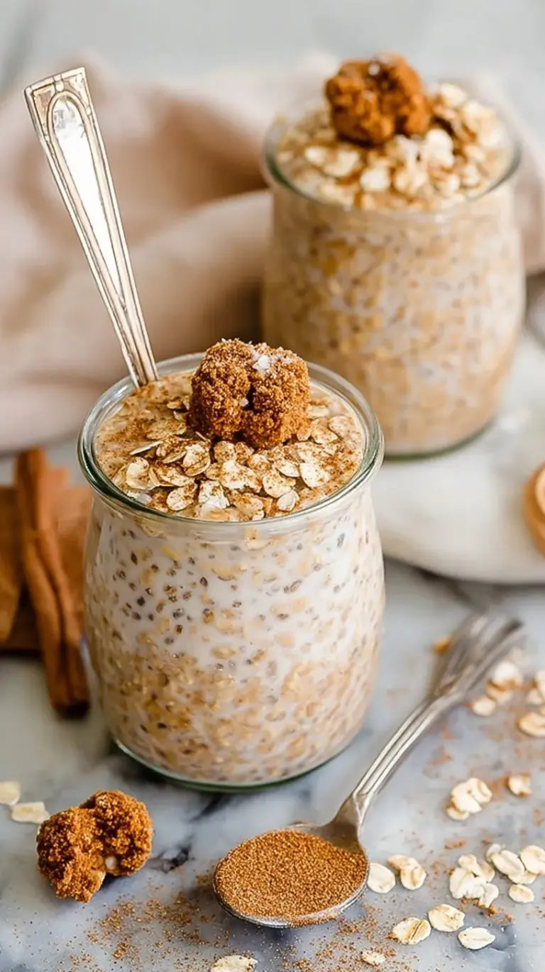 A glass jar filled with creamy snickerdoodle overnight oats topped with a dusting of cinnamon and a drizzle of almond butter.