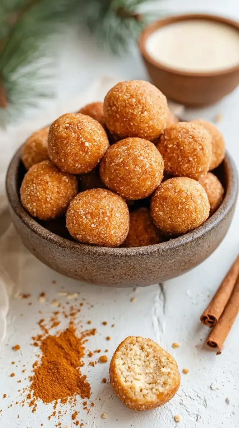 A plate of round snickerdoodle protein balls coated in cinnamon sugar on a parchment-lined tray.