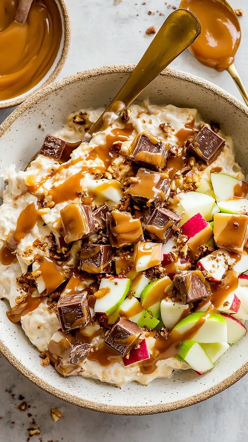 A white bowl filled with creamy chocolate yogurt topped with diced green apples, chopped peanuts, and a caramel drizzle.