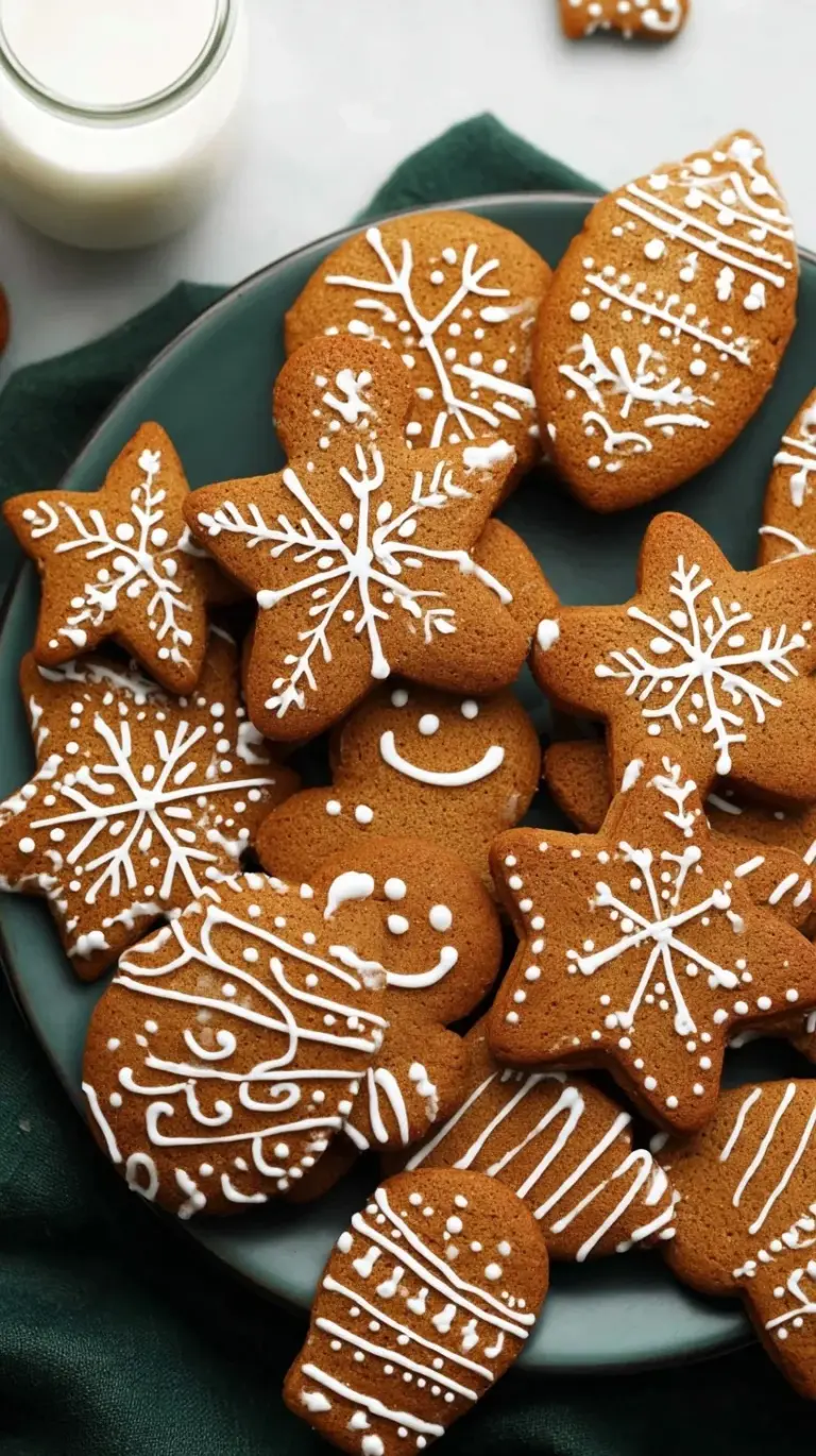 A tray of star-shaped soft gingerbread cookies with a dusting of sugar on a wooden table.