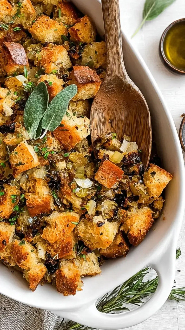 A ceramic baking dish filled with golden brown sourdough stuffing and fresh green parsley.