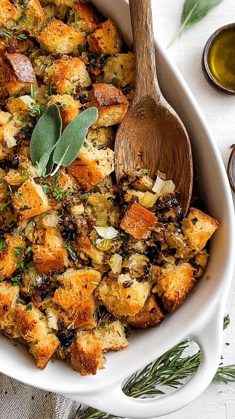 A ceramic baking dish filled with golden brown sourdough stuffing and fresh green parsley.