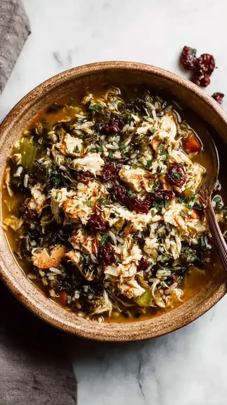 A steaming bowl of creamy Southern crab stew with wild rice and green onion garnish