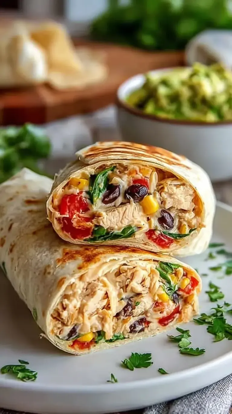 A fresh Southwest chicken wrap sliced diagonally showing chicken, black beans, corn, and lettuce.
