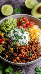 A vibrant bowl filled with seasoned ground turkey, brown rice, black beans, corn, and avocado slices.