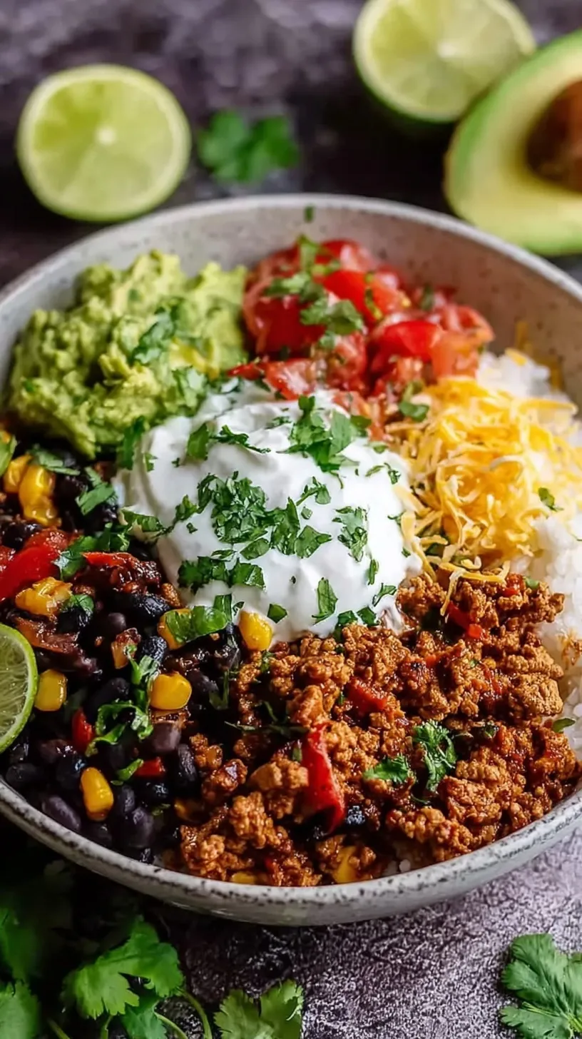 A vibrant bowl filled with seasoned ground turkey, brown rice, black beans, corn, and avocado slices.