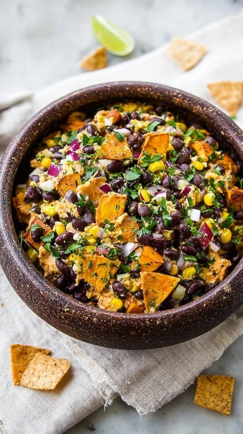 A vibrant bowl of orange sweet potato dip topped with black beans and fresh cilantro.