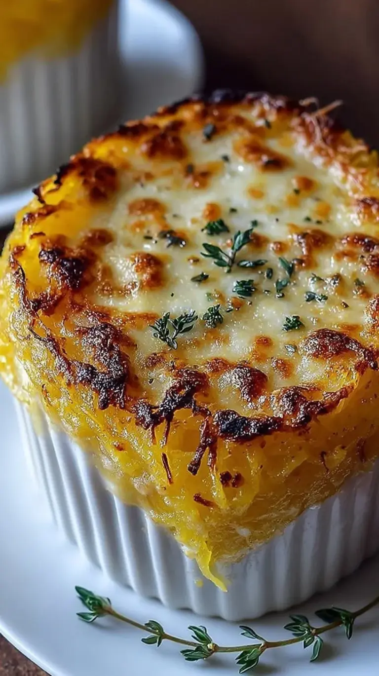 A golden, bubbly Spaghetti Squash Au Gratin in a white baking dish with fresh thyme on top.