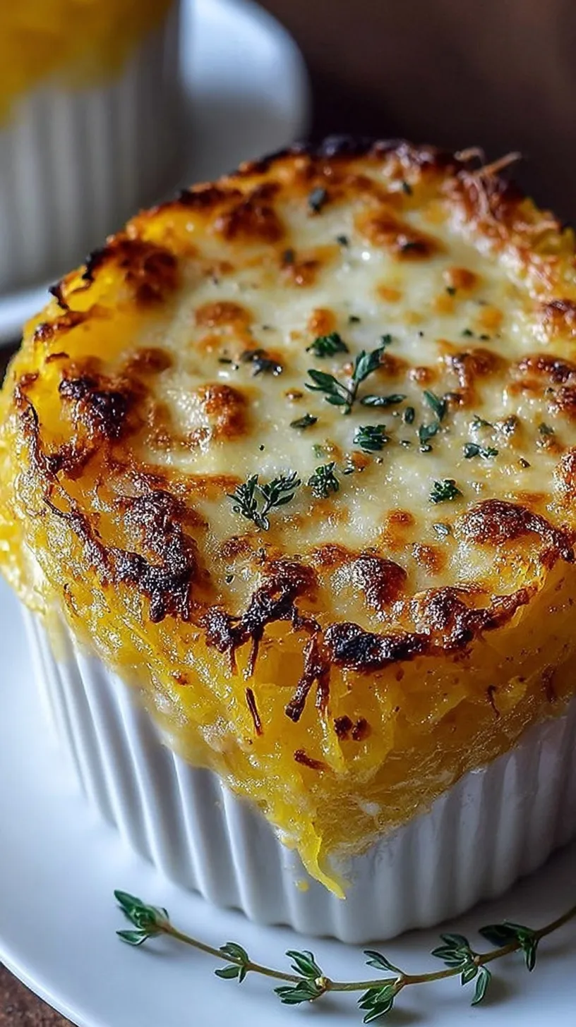 A golden, bubbly Spaghetti Squash Au Gratin in a white baking dish with fresh thyme on top.