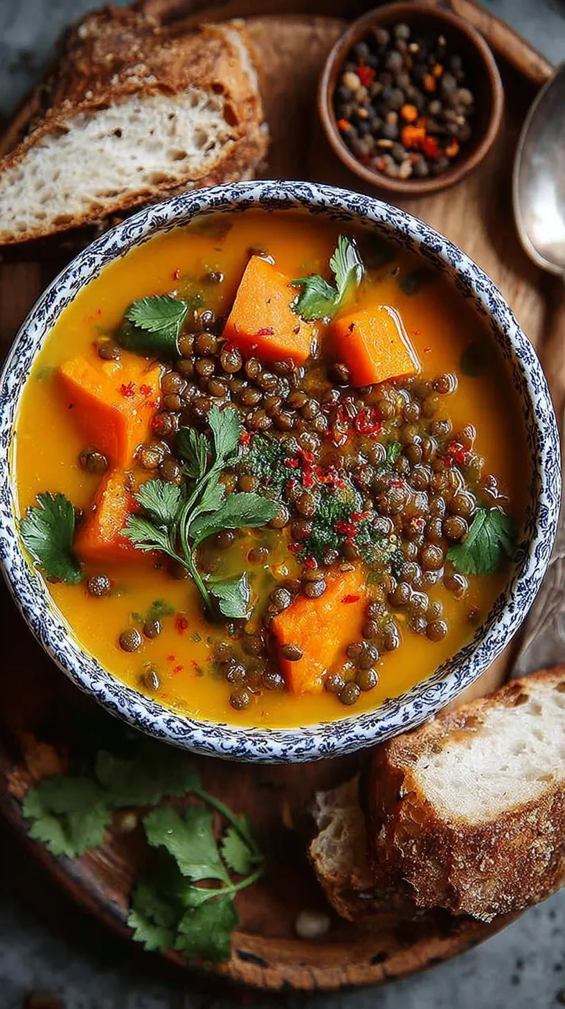 A creamy bowl of orange carrot and lentil soup garnished with fresh cilantro.