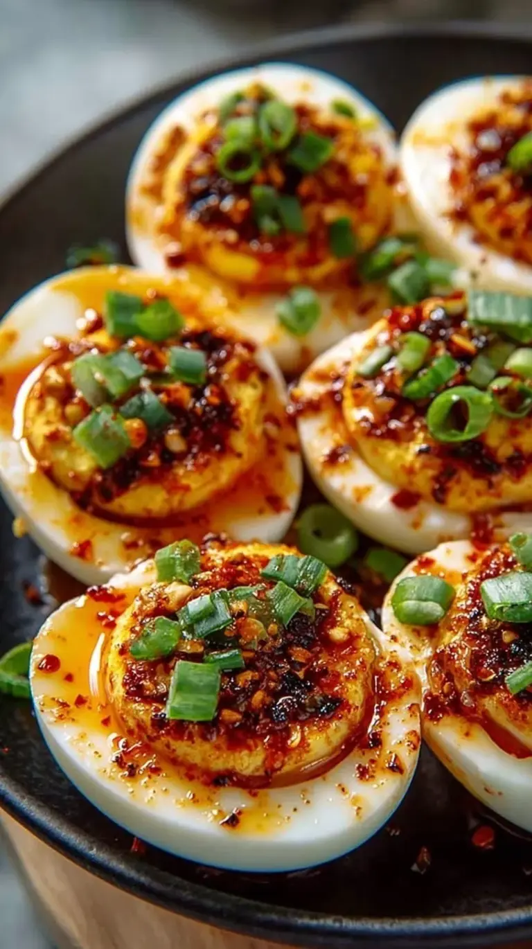 A platter of spicy deviled eggs topped with crispy garlic and green scallions