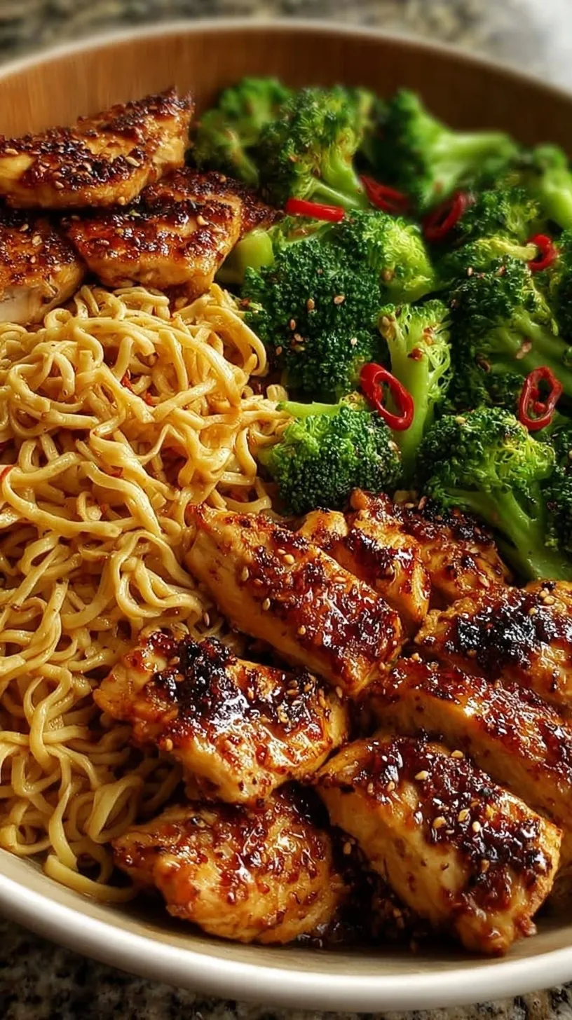 A steaming bowl of garlic chicken noodle stir fry with bright green broccoli and sliced green onions on top.