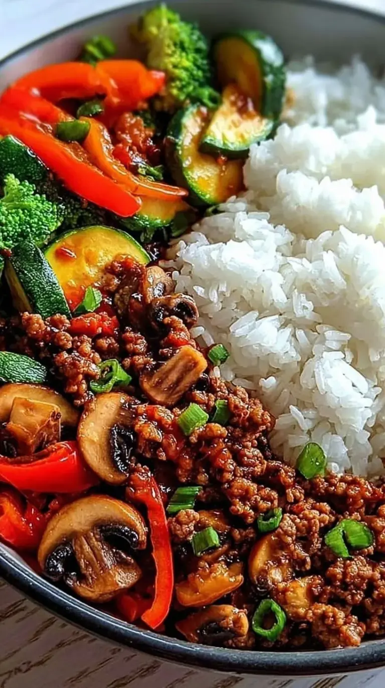A bowl of spicy ground beef stir fry with broccoli and red peppers over white jasmine rice
