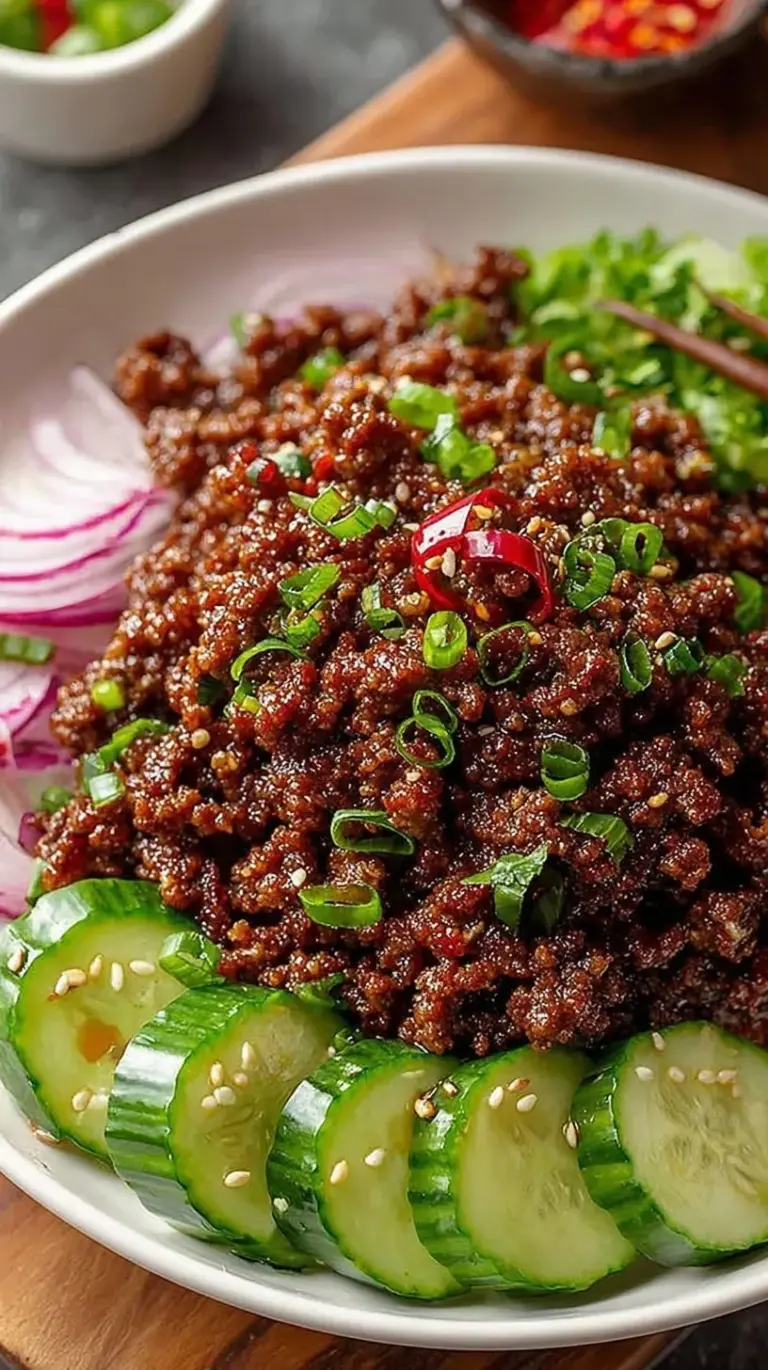 A bowl of glazed keto Korean ground beef next to a fresh sliced cucumber salad garnished with sesame seeds.