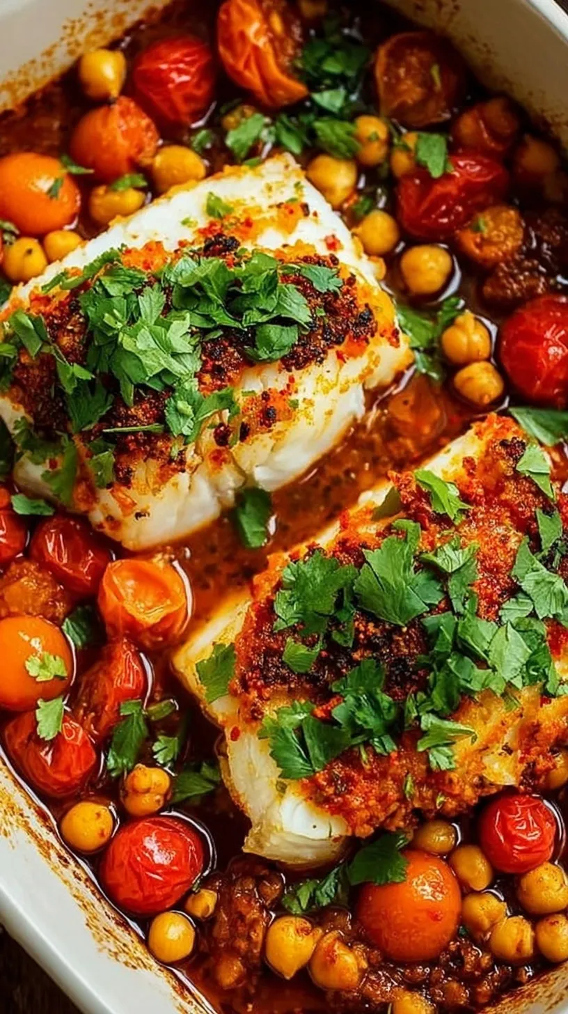 Flaky white fish fillets topped with green herbs and lemon slices on a bed of roasted peppers and tomatoes.