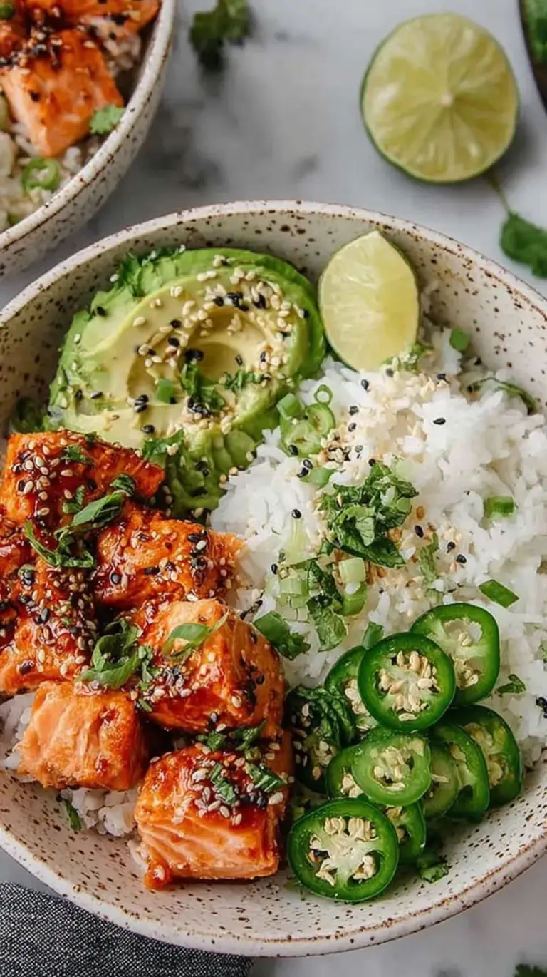 A vibrant bowl featuring glazed salmon, creamy coconut rice, sliced avocado, and fresh vegetables.