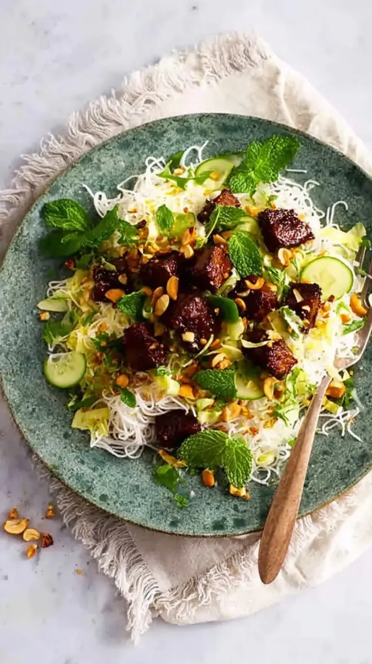 A colorful bowl of spicy tempeh noodle salad with shredded carrots, cucumber, and fresh herbs.