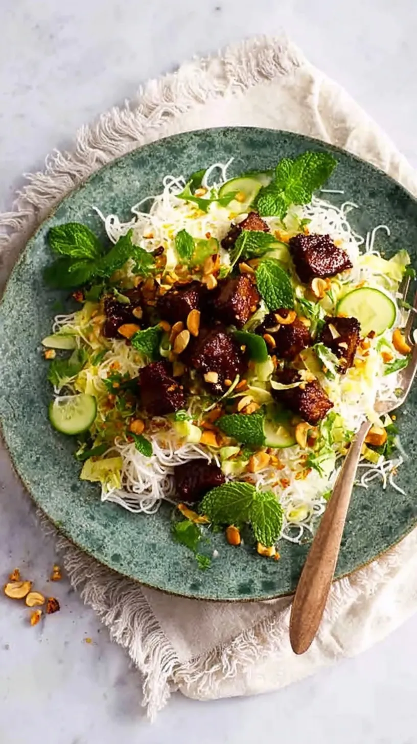 A colorful bowl of spicy tempeh noodle salad with shredded carrots, cucumber, and fresh herbs.