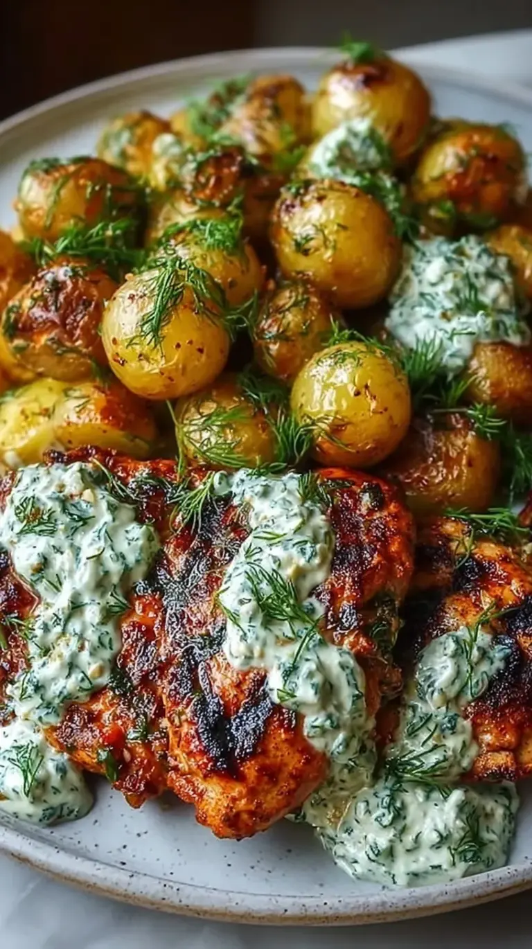 Spicy yogurt marinated chicken served with golden crispy baby potatoes and a dollop of green dill feta cream.