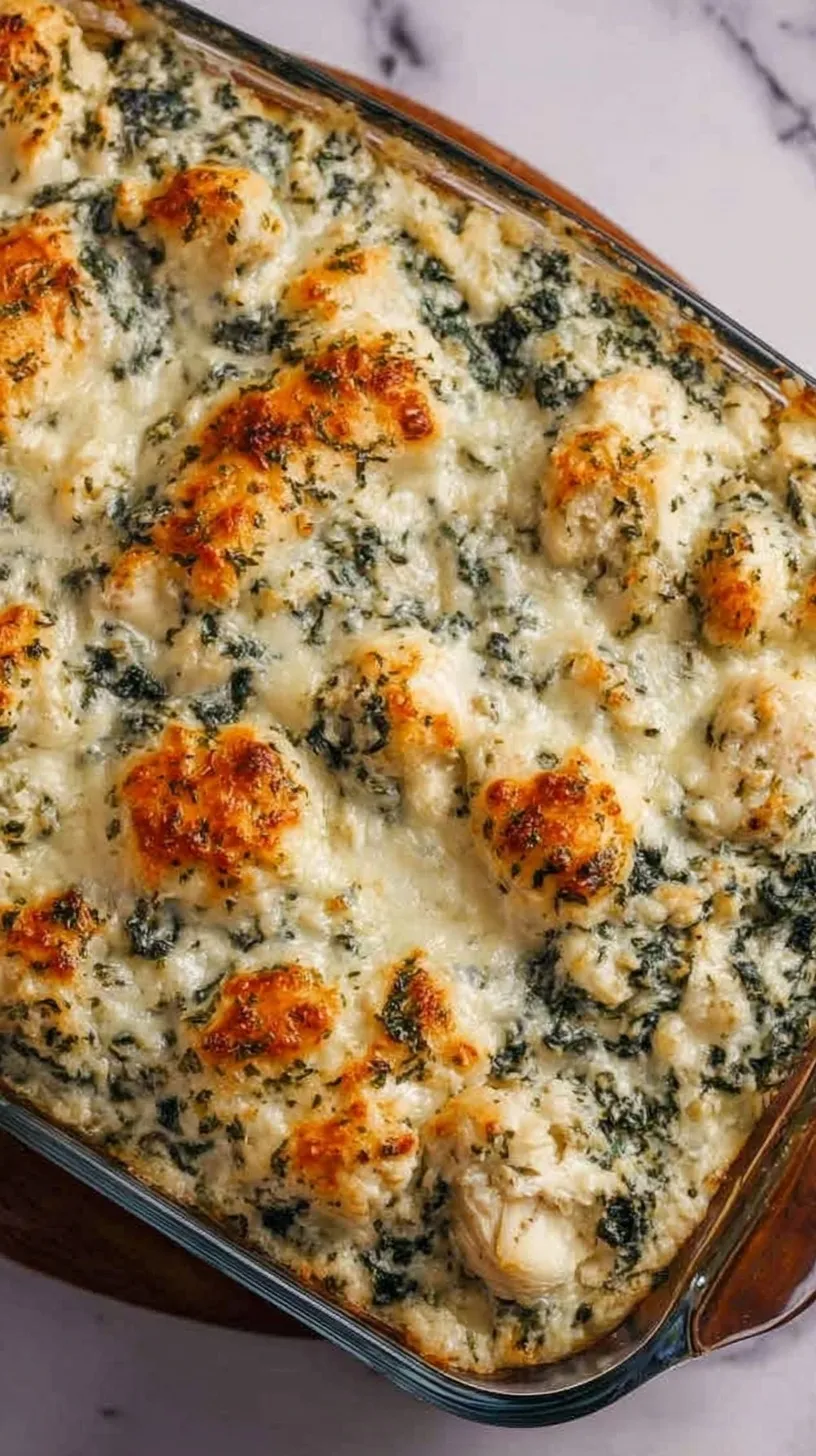 A golden-brown chicken casserole with spinach, artichokes, and melted mozzarella cheese in a white baking dish.