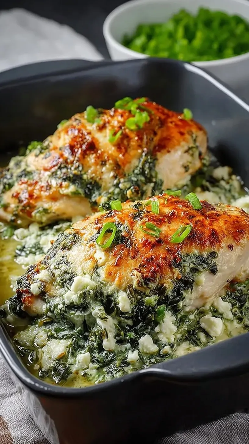 Golden baked chicken breasts stuffed with green spinach and white feta cheese on a white platter.