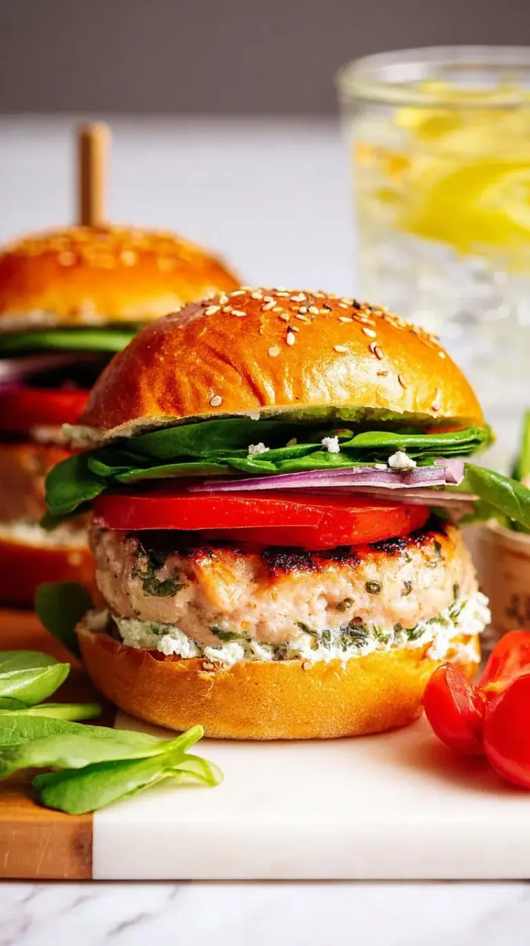 A golden-brown turkey burger patty with visible green spinach and white feta cheese crumbles on a plate.