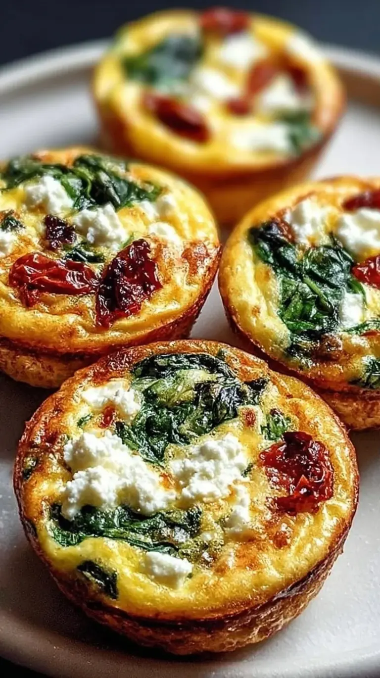 Golden brown spinach feta egg muffins in a muffin tin with sun-dried tomatoes