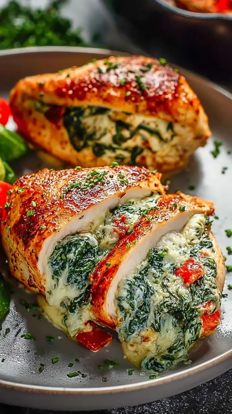 A golden-brown seared chicken breast sliced open to reveal a creamy spinach and cheese filling.