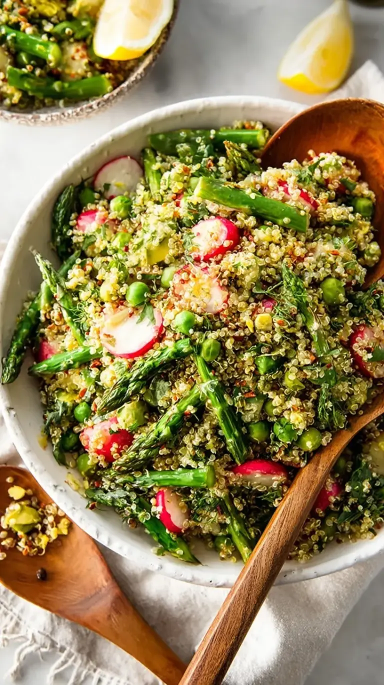 A colorful bowl of Spring Quinoa Salad with green asparagus, peas, radishes, and crumbled feta cheese.