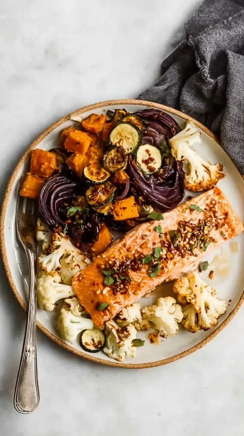 A sheet pan with roasted salmon fillets and cubed butternut squash glazed in miso sauce.