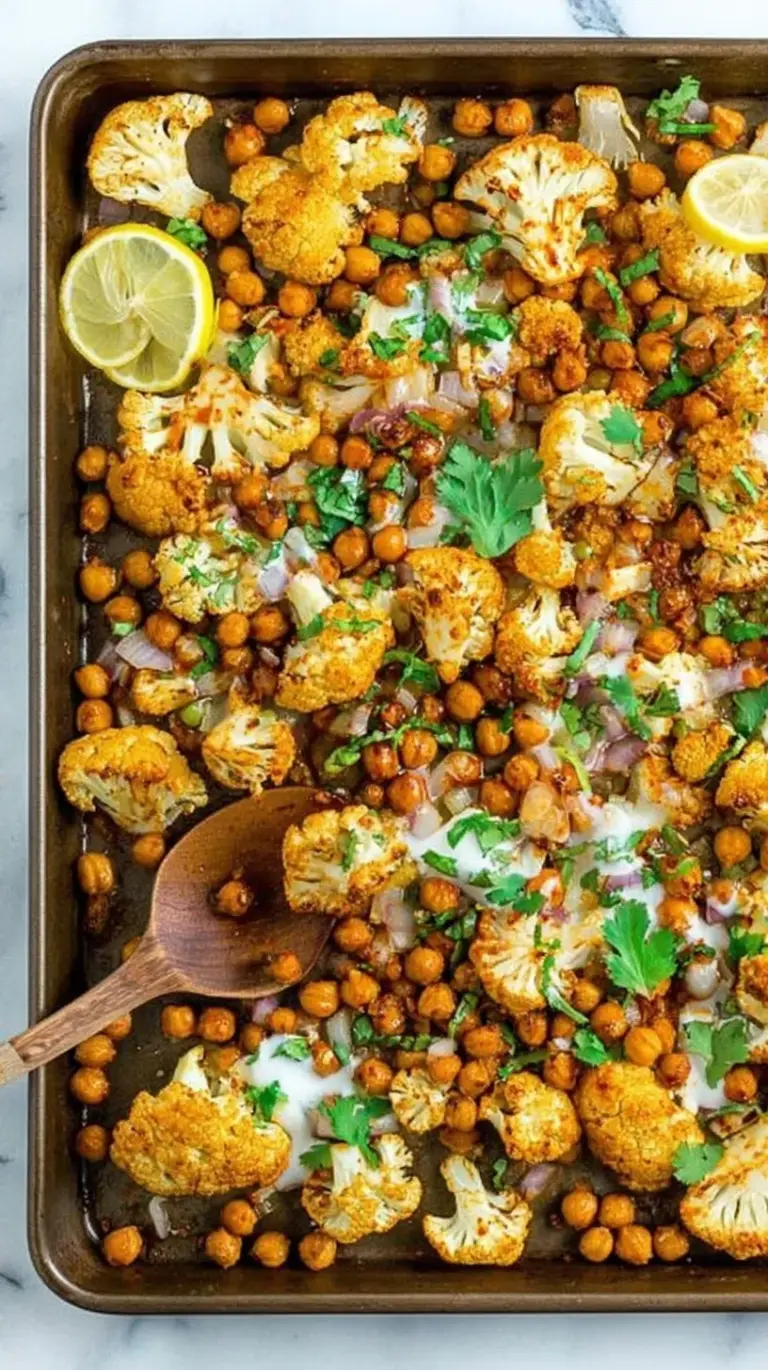 A sheet pan filled with roasted Sriracha cauliflower florets and crispy chickpeas garnished with cilantro.