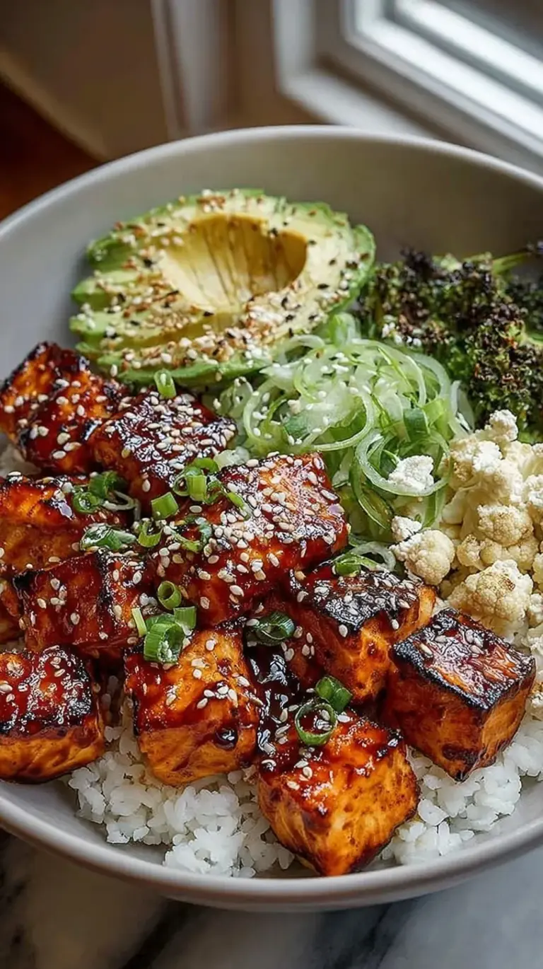 A vibrant bowl with glazed salmon, green edamame, sliced avocado, and fresh cucumbers over white rice.