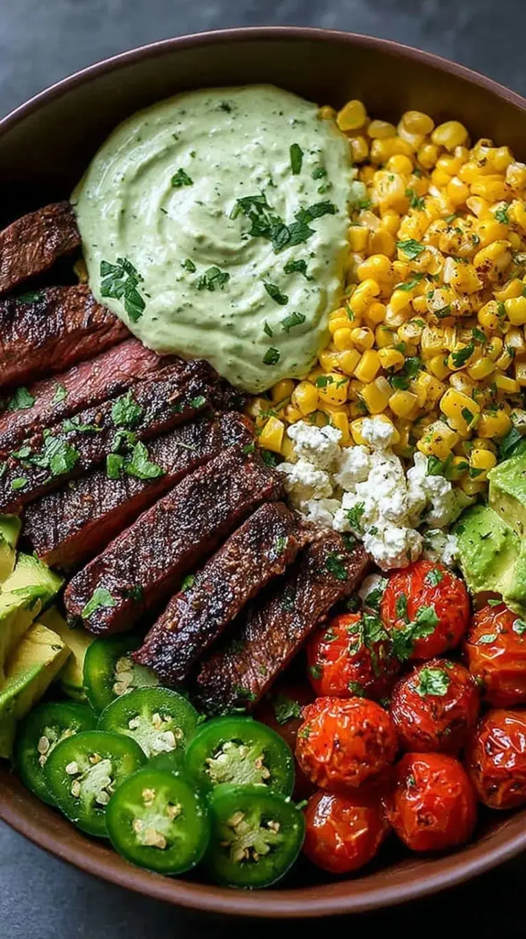 A vibrant steak bowl with sliced flank steak, charred corn, avocado, and green cilantro cream sauce.