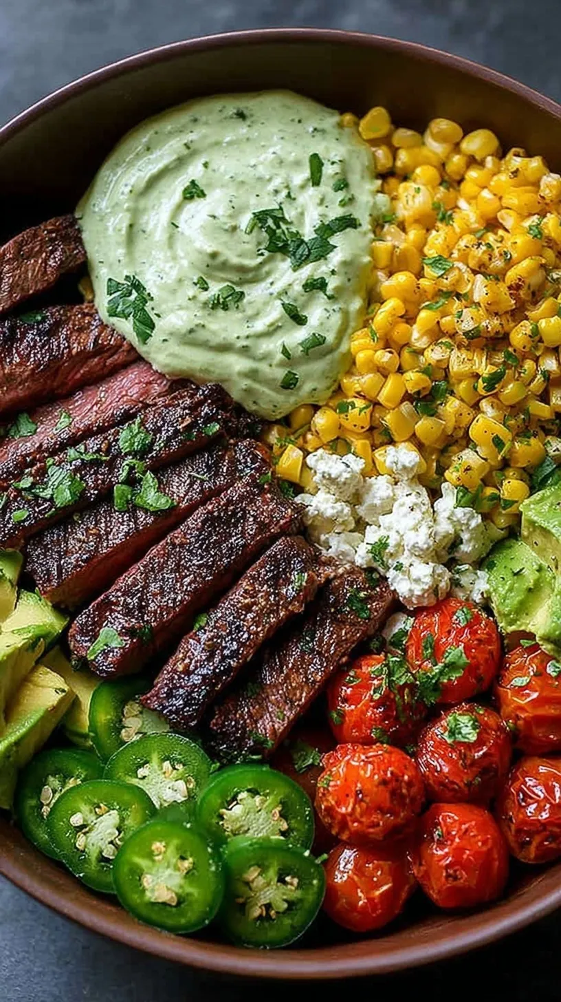 A vibrant steak bowl with sliced flank steak, charred corn, avocado, and green cilantro cream sauce.