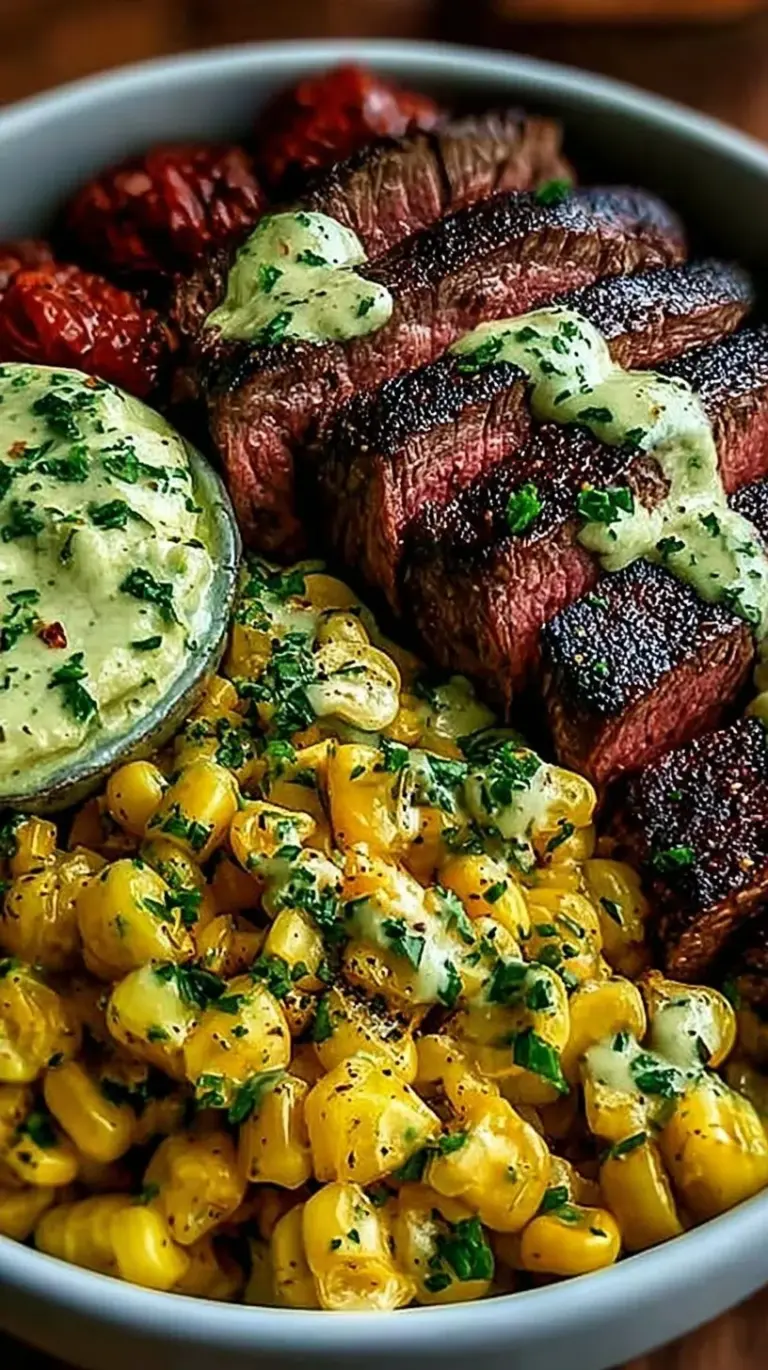 A colorful steak avocado corn bowl with charred corn, black beans, and lime wedges