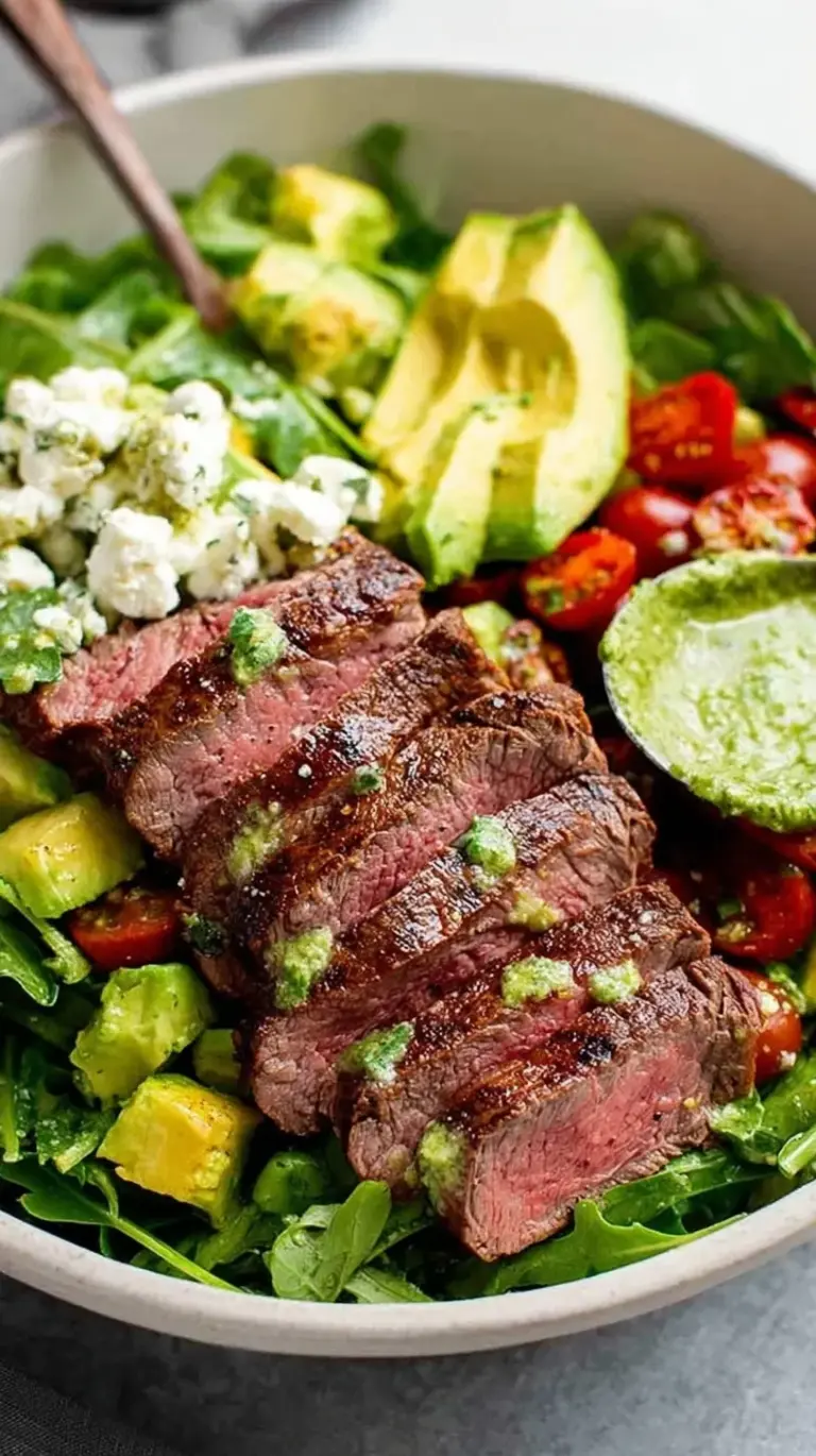 A fresh steak avocado salad with sliced flank steak, creamy avocado, and cherry tomatoes on mixed greens.