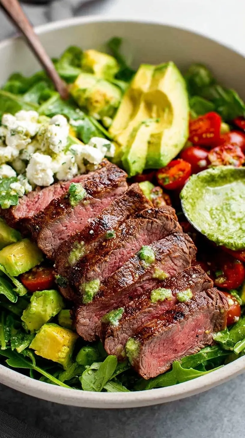 A fresh steak avocado salad with sliced flank steak, creamy avocado, and cherry tomatoes on mixed greens.