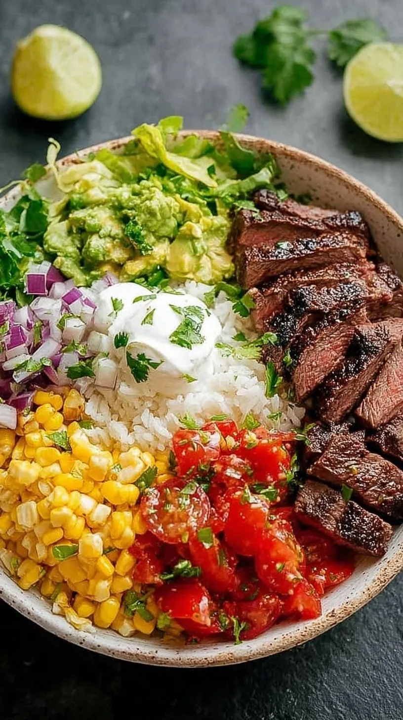 A vibrant steak burrito bowl with cilantro lime rice, corn salsa, and guacamole in a white bowl.