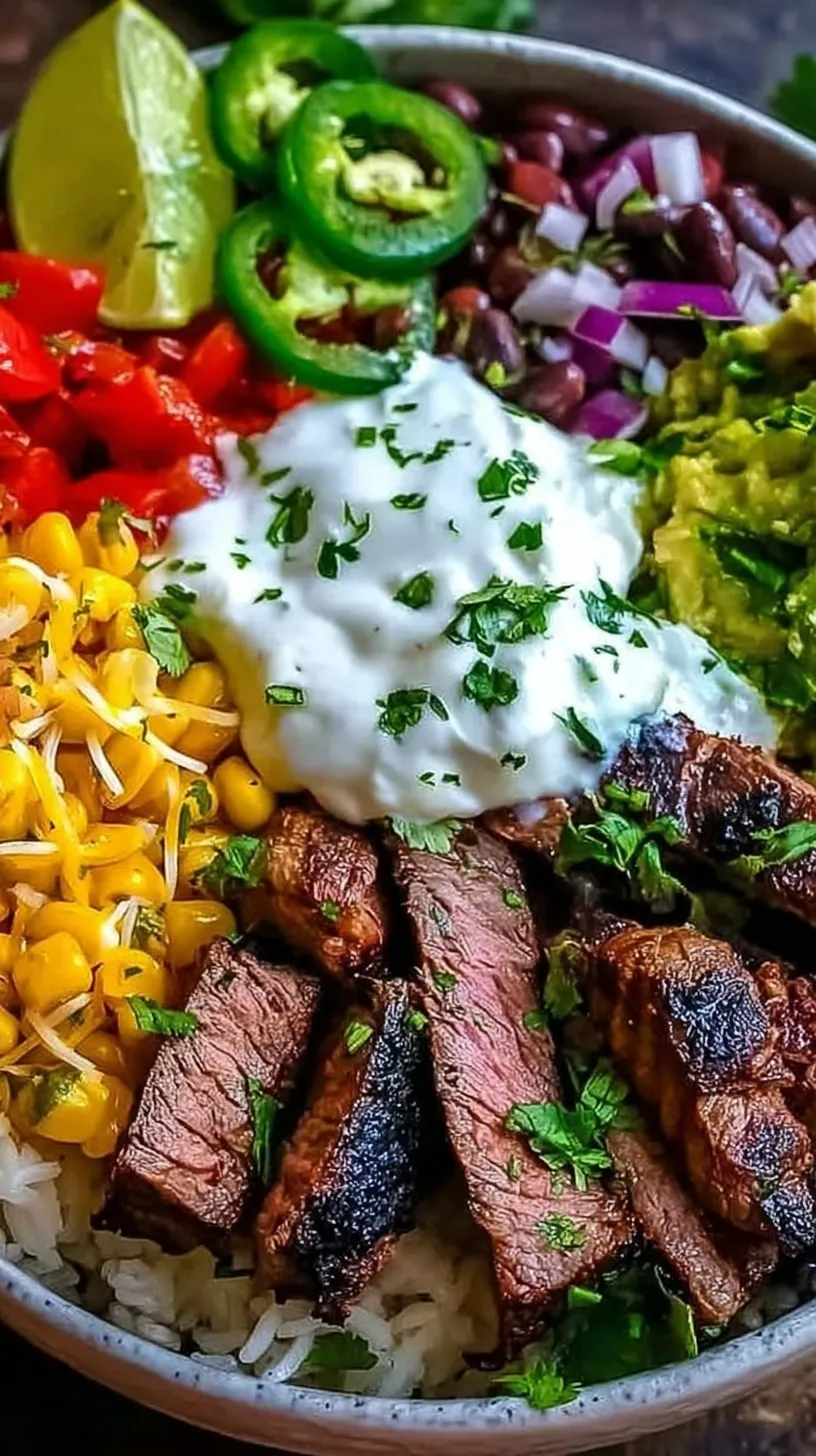 A vibrant steak burrito bowl with cilantro lime rice, black beans, corn, and avocado.