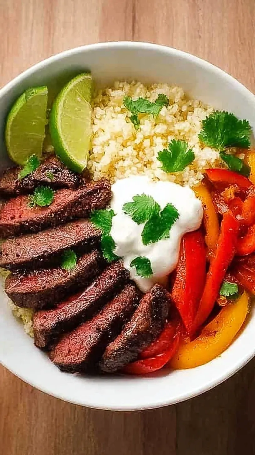 A vibrant steak fajita bowl with citrus rice, charred peppers, and fresh avocado