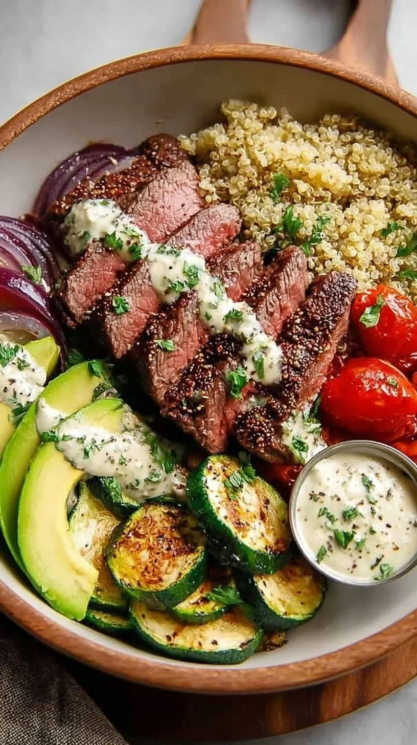 A colorful steak quinoa bowl with fresh spinach, cucumbers, and tomatoes