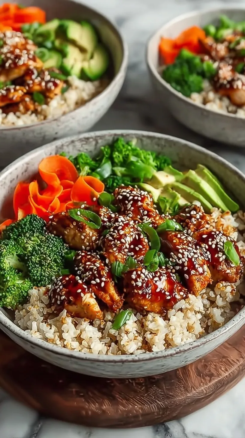 A white bowl filled with white rice, steamed broccoli, and golden glazed chicken topped with sesame seeds and green onions.